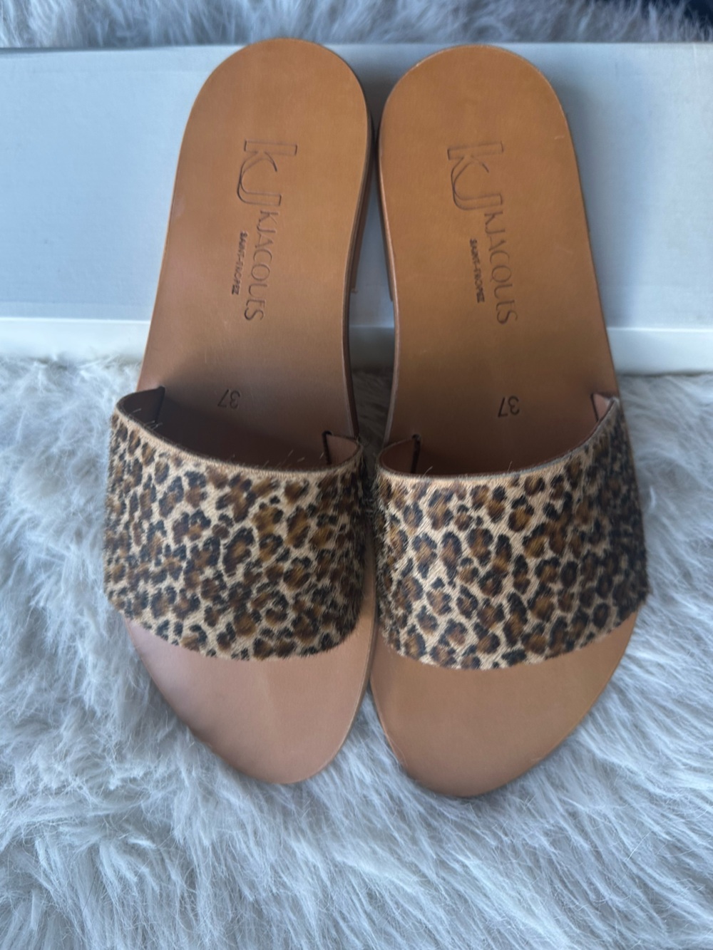 K.Jacques Arezzo Fur Leopard-Print Slide Sandals - Tan & Brown eu 37 us 7 New